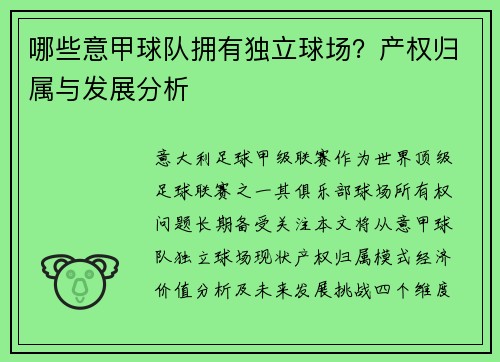 哪些意甲球队拥有独立球场？产权归属与发展分析